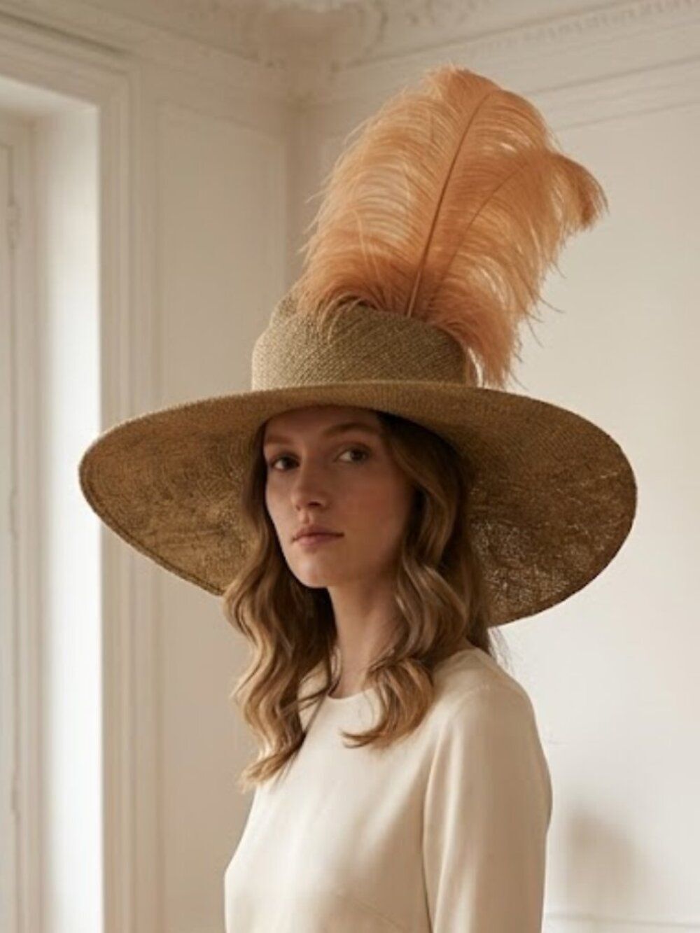 Suzanne Couture Millinery Wide-Brim Ostrich Feather Natural Accent Hat